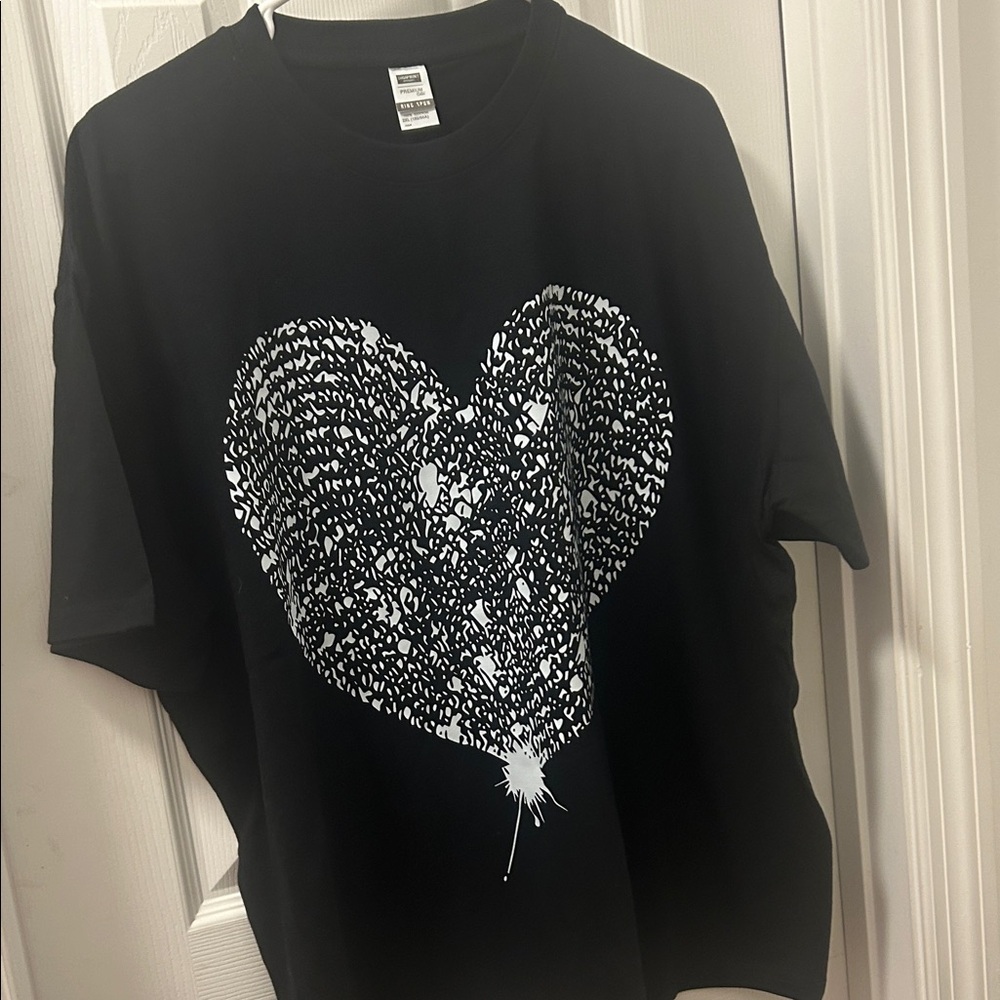Black T-Shirt with White Heart Design Run for $18